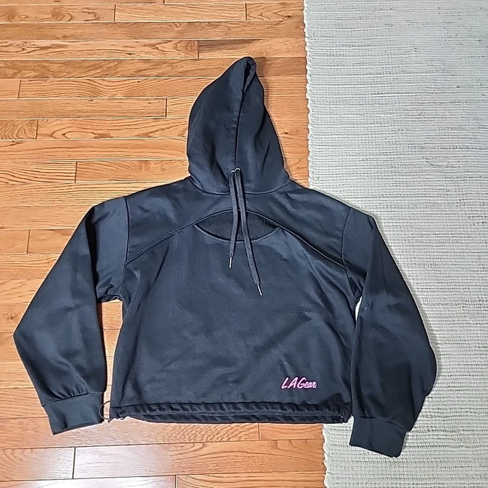 LA Gear Cropped Black Sweatshirt Hoodie Gym Active 80s 90s Retro USA Cut Out L - Picture 1 of 7